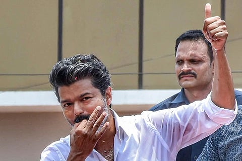 Tamilaga Vettri Kazhagam (TVK) chief Vijay during a roadshow, in Puducherry.