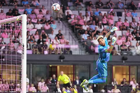 Inter Miami CF goalkeeper Dayne St. Clair makes a save during the first half of an MLS soccer match against Austin FC in Miami.