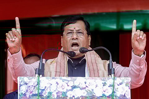 Union Ports, Shipping and Waterways Minister Sarbananda Sonowal, addresses a public rally in support of BJP candidate for Tihu constituency, Chandra Mohan Patowary, unseen, ahead of Assam Assembly Election, in Nalbari district.
