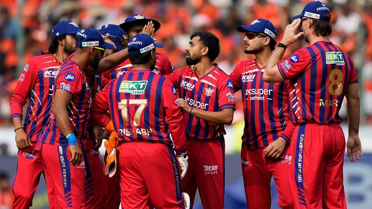 Lucknow Super Giants' Prince Yadav, centre, celebrates the wicket of Sunrisers Hyderabad's captain Ishan Kishan during the Indian Premier League cricket match between Sunrisers Hyderabad and Lucknow Super Giants in Hyderabad, India, Sunday, April 5, 2026.  - (AP Photo/Mahesh Kumar A.)