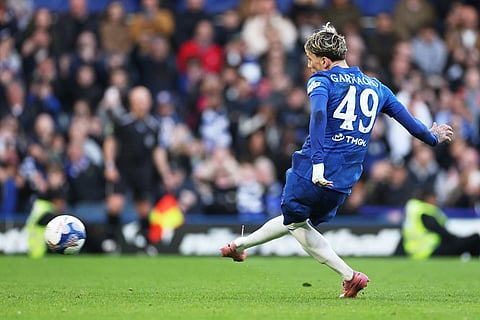 Chelsea's Alejandro Garnacho scores seventh goal during the English FA Cup quarterfinal soccer match between Chelsea and Port Vale in London, England.