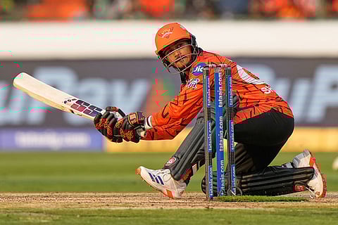 Sunrisers Hyderabad's Shivang Kumar hits a boundary during the Indian Premier League cricket match between Sunrisers Hyderabad and Lucknow Super Giants in Hyderabad, India.