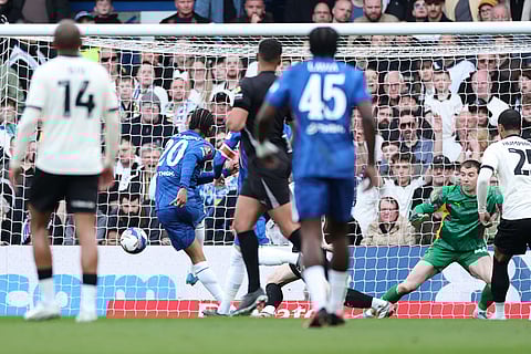 Chelsea's Joao Pedro scores his side's second goal during the English FA Cup quarterfinal soccer match between Chelsea and Port Vale in London, England.