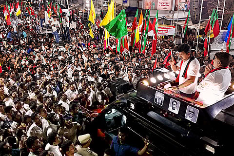 Tamil Nadu Deputy Chief Minister and DMK leader Udhayanidhi Stalin during a roadshow in support of the party's candidate from Ramanathapuram constituency Katharbatcha Muthuramalingam, ahead of the state Assembly elections, in Ramanathapuram district.