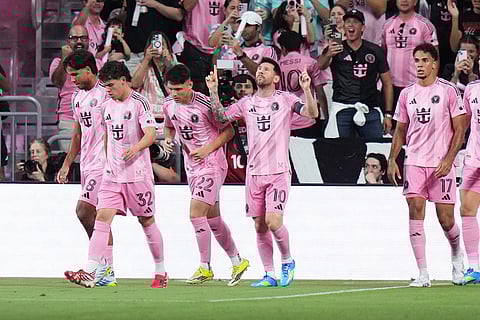 Inter Miami CF forward Lionel Messi (10) reacts after scoring a goal during the first half of an MLS soccer match against Austin FC in Miami.
