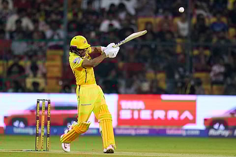 Chennai Super Kings' captain Ruturaj Gaikwad plays a shot during the Indian Premier League cricket match between Chennai Super Kings and Royal Challengers Bengaluru in Bengaluru, India.