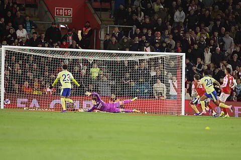 Southampton's Shea Charles (24) celebrates scores their second goal during the English FA Cup quarterfinal soccer match between Southampton and Arsenal in Southampton, England.