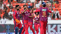 AP : Lucknow Super Giants' Mohammed Shami, centre, celebrates with teammates the wicket of Sunrisers Hyderabad's Travis Head during their Indian Premier League 2026 match in Hyderabad.
