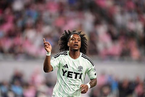 Austin FC forward Jayden Nelson celebrates after scoring a goal during the second half of an MLS soccer match against Inter Miami in Miami.