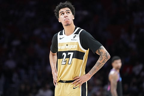 Washington Wizards guard Will Riley (27) looks up during the end of the second half of an NBA basketball game against the Miami Heat in Miami.