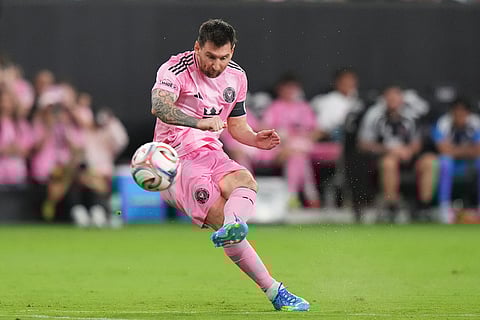 Inter Miami CF forward Lionel Messi takes a free kick during the second half of an MLS soccer match against Austin FC in Miami.