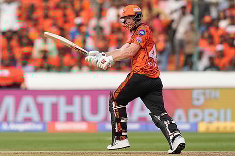 Sunrisers Hyderabad's Heinrich Klaasen plays a shot during the Indian Premier League cricket match between Sunrisers Hyderabad and Lucknow Super Giants in Hyderabad, India.