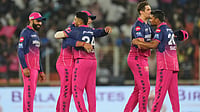 | Photo: AP/Ajit Solanki : Rajasthan Royals players celebrate after winning the Indian Premier League cricket match against Gujarat Titans in Ahmedabad.