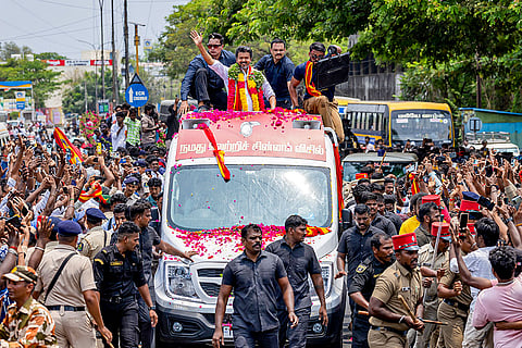 In this image posted on April 4, 2026, Tamilaga Vettri Kazhagam (TVK) chief Vijay during a roadshow, in Puducherry.