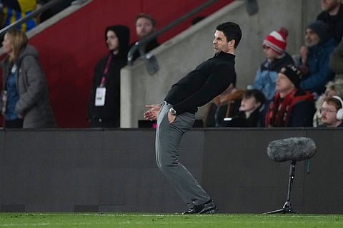 Arsenal's manager Mikel Arteta reacts after Southampton's Shea Charles scored his side's second goal during the English FA Cup quaterfinal soccer match between Southampton and Arsenal in Southampton, England.