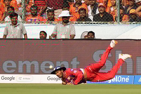 Lucknow Super Giants' Mukul Choudhary drops a catch Sunrisers Hyderabad's Heinrich Klaasen during the Indian Premier League cricket match between Sunrisers Hyderabad and Lucknow Super Giants in Hyderabad, India.