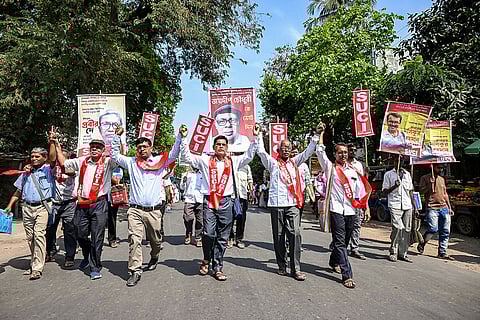 Socialist Unity Centre of India (Communist) candidates from Krishnanagar North, Krishnanagar South, Kaliganj, Krishnaganj, Chapra and Nakashipara Assembly constituencies during a roadshow before filing their nomination papers at the administrative office ahead of the West Bengal Assembly elections, in Krishnanagar, Nadia district.