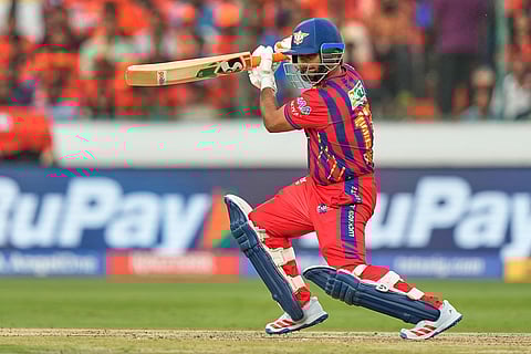 Lucknow Super Giants' captain Rishabh Pant plays a shot during the Indian Premier League cricket match between Sunrisers Hyderabad and Lucknow Super Giants in Hyderabad, India.