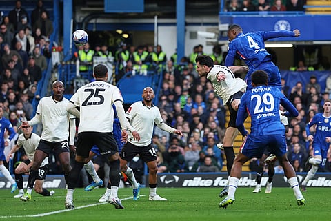 Chelsea's Tosin Adarabioyo (4) scores his side's fourth goal during the English FA Cup quarterfinal soccer match between Chelsea and Port Vale in London, England.