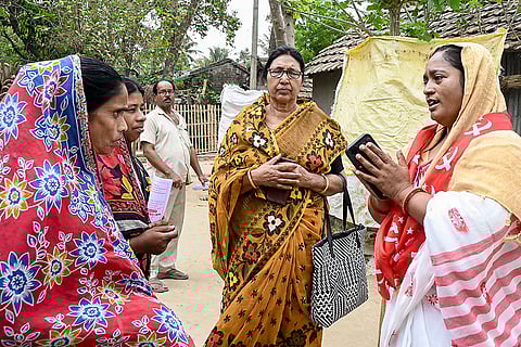 CPI (M) candidate for the Kaliganj constituency, Sabina Yasmin, interacts with people during an election campaign ahead of the West Bengal Assembly Election, in Nadia district.