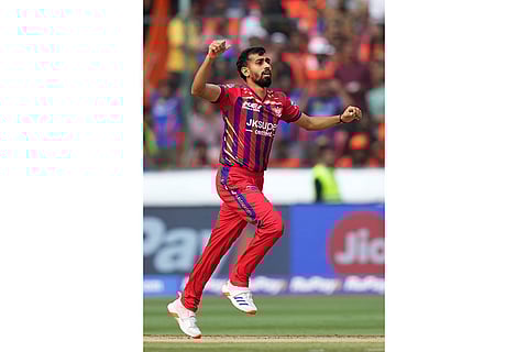 Lucknow Super Giants' Prince Yadav celebrates the wicket of Sunrisers Hyderabad's captain Ishan Kishan during the Indian Premier League cricket match between Sunrisers Hyderabad and Lucknow Super Giants in Hyderabad, India.