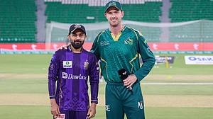thepslt20/X : Saud Shakeel and Ashton Turner at the toss of Quetta Gladiators Vs Multan Sultans, PSL 2026 match at Gaddafi Stadium in Lahore.