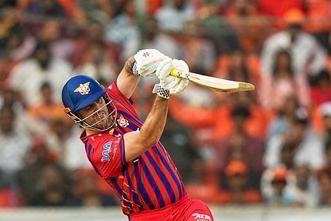 Lucknow Super Giants' Mitchell Marsh hits a boundary during the Indian Premier League cricket match between Sunrisers Hyderabad and Lucknow Super Giants in Hyderabad, India.