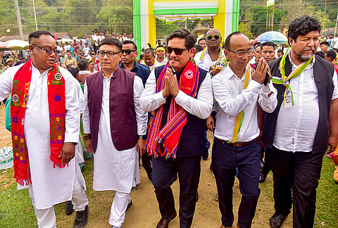 Meghalaya Chief Minister and NPP national president Conrad Sangma, centre, with party leaders during an election rally for NPP candidate Ganseng B Sangma from the Boko-Chaygaon Assembly constituency ahead of the Assam Assembly elections.