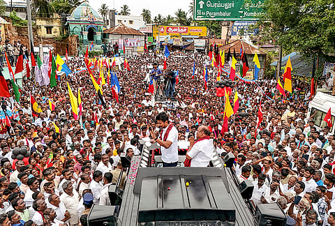 Tamil Nadu Deputy Chief Minister Udhayanidhi Stalin during an election campaign in support of party candidate Durai Chandrasekaran from the Tiruvaiyaru Assembly constituency for the upcoming state Assembly polls, in Thanjavur, Tamil Nadu.
