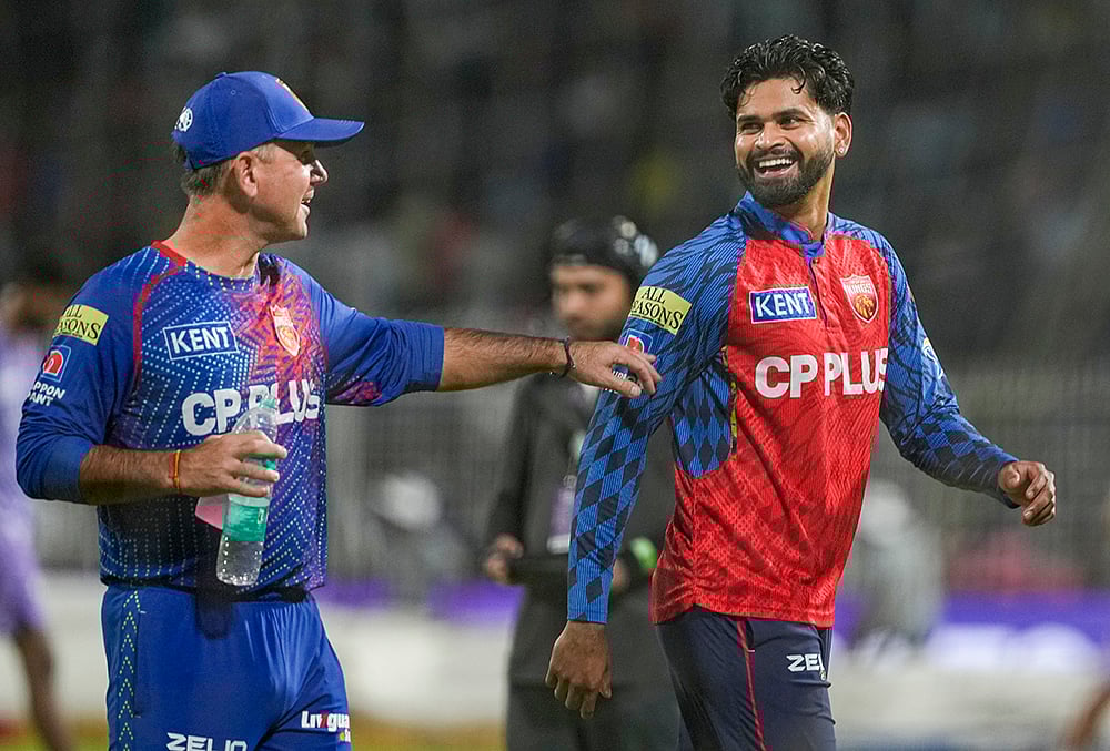 Punjab Kings' captain Shreyas Iyer, right, with headcoach Ricky Ponting ahead of an Indian Premier League (IPL) 2026 cricket match between Kolkata Knight Riders and Punjab Kings at Eden Gardens, in Kolkata. - | Photo: PTI/Manvender Vashist Lav