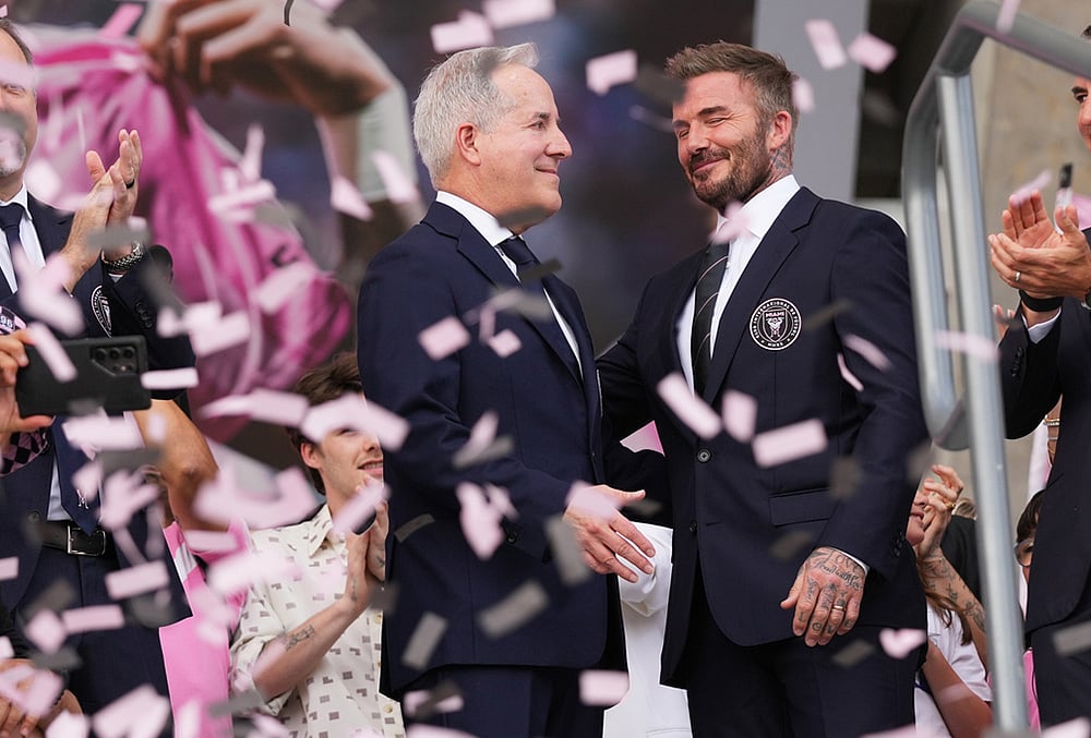 Inter Miami CF managing owner Jorge Mas, left, and co-owner David Beckham, right, stand together during a ribbon cutting ceremony before Inter Miami's first MLS soccer match in Nu Stadium against Austin FC, in Miami.  - | Photo: AP/Lynne Sladky