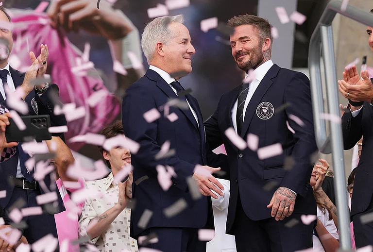 Inter Miami CF managing owner Jorge Mas, left, and co-owner David Beckham, right, stand together during a ribbon cutting ceremony before Inter Miami's first MLS soccer match in Nu Stadium against Austin FC, in Miami. - | Photo: AP/Lynne Sladky