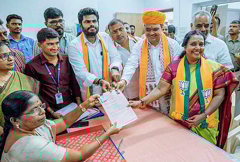 Rajasthan Chief Minister Bhajanlal Sharma attends the nomination filing of NDA candidate Vanathi Srinivasan for the Coimbatore North Assembly constituency ahead of Tamil Nadu Assembly polls, in Coimbatore, Tamil Nadu. 