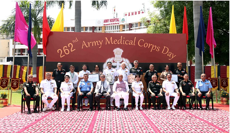 Defence Minister Rajnath Singh with military leaders at the 262nd Army Medical Corps Day event - null