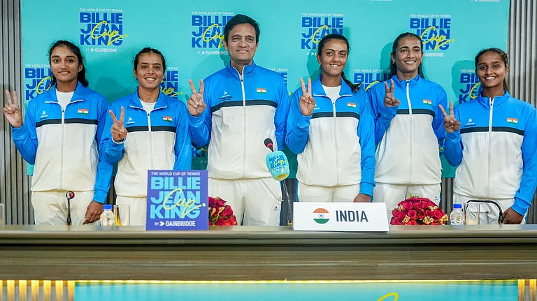 (From left) Indian tennis players Sahaja Yamalapalli, Ankita Raina, captain Vishal Uppal, Zeel Desai, Rutuja Bhosale, and Vaishnavi Adkar during a press conference ahead of the Billie Jean King Cup 2026 in New Delhi. - PTI