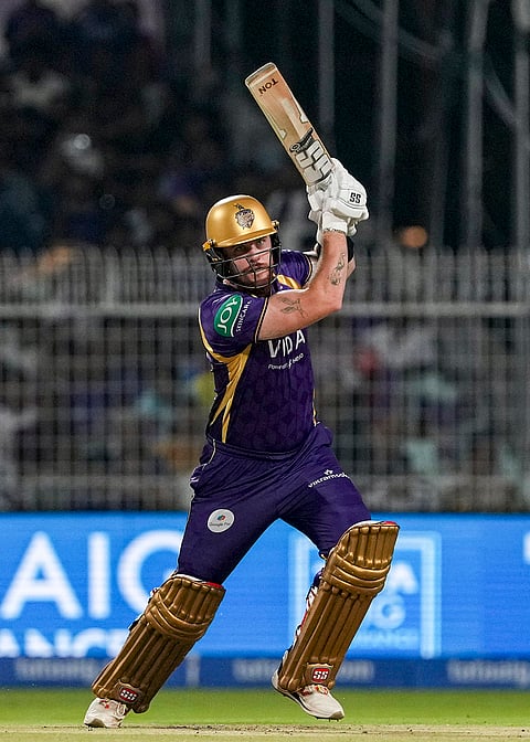 Kolkata Knight Riders' Finn Allen plays a shot during an Indian Premier League (IPL) 2026 cricket match between Kolkata Knight Riders and Punjab Kings at Eden Gardens, in Kolkata.