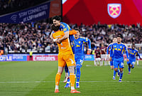 West Ham Vs Leeds United, FA Cup 2025-26 Quarter-Final: Hammers Exit After 4-2 Loss On Penalties | Photo: John Walton/PA via AP : Leeds United goalkeeper Lucas Perri, left, celebrates with Pascal Struijk, top, and teammates after winning the penalty shoot-out during the English FA Cup quarterfinal soccer match between West Ham United and Leeds United, in London.