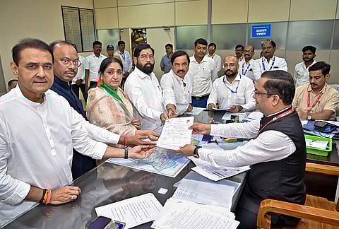 Maharashtra Deputy Chief Minister Sunetra Pawar files her nomination for the Baramati Assembly constituency by-election in the presence of Maharashtra Dy CM Eknath Shinde, NCP leader Praful Patel and other leaders, in Baramati. 