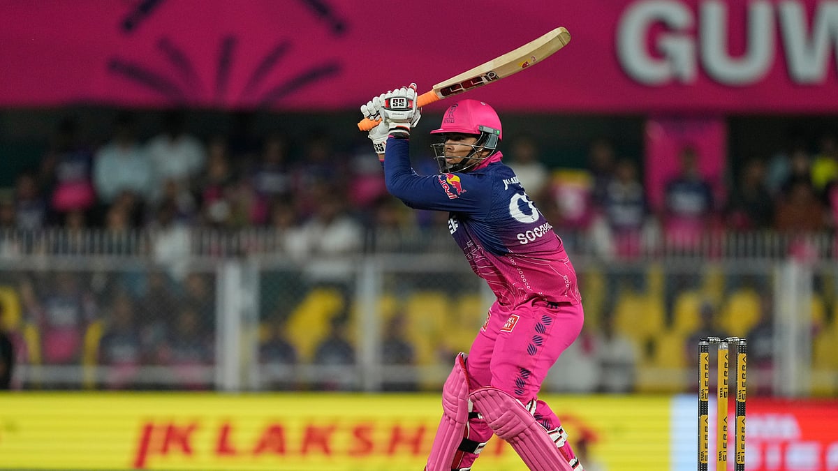 Rajasthan Royals' Vaibhav Sooryavanshi hits a six during the Indian Premier League cricket match between Mumbai Indians and Rajasthan Royals in Guwahati, India, Tuesday, April 7, 2026. - AP Photo