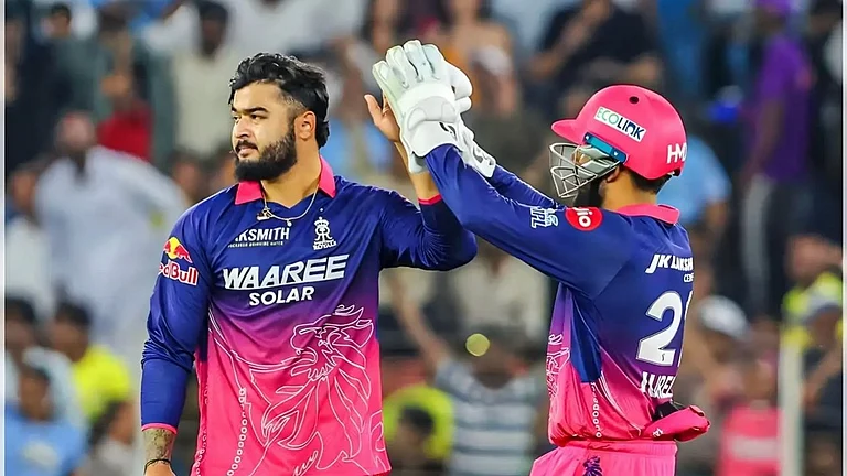 RR captain Riyan Parag along with Dhruv Jurel in IPL 2026 clash against GT at Narendra Modi Stadium in Ahmedabad. - rajasthanroyals/X