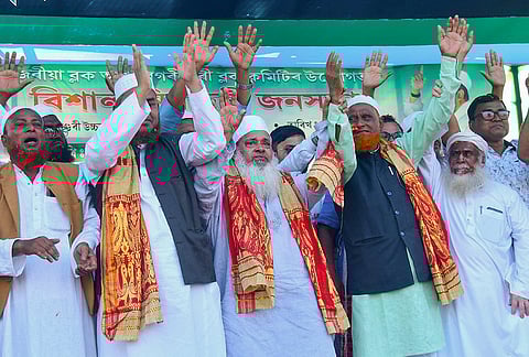 AIUDF chief Badruddin Ajmal campaigns for party candidate Aminul Islam from the Rupohi Assembly constituency at Juria, in Nagaon district.
