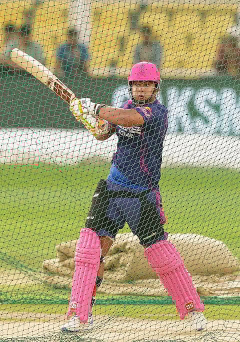 Rajasthan Royals' Vaibhav Sooryavanshi plays a shot during a practice session ahead of an Indian Premier League (IPL) 2026 T20 cricket match between Rajasthan Royals and Mumbai Indians, in Guwahati.