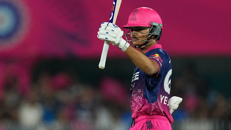 Rajasthan Royals' Yashasvi Jaiswal celebrates his fifty runs during the Indian Premier League cricket match between Mumbai Indians and Rajasthan Royals in Guwahati, India, Tuesday, April 7, 2026. - AP Photo