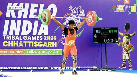 Weightlifter Babulal Hembrom in action at Khelo India Tribal Games 2026.