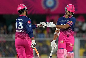 | Photo: AP/Anupam Nath : Rajasthan Royals' Yashasvi Jaiswal, right, and Vaibhav Sooryavanshi encourage each other as they bat during the Indian Premier League cricket match between Mumbai Indians and Rajasthan Royals in Guwahati.