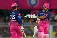 | Photo: AP/Anupam Nath : Rajasthan Royals' Yashasvi Jaiswal, right, and Vaibhav Sooryavanshi encourage each other as they bat during the Indian Premier League cricket match between Mumbai Indians and Rajasthan Royals in Guwahati.