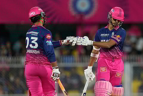 Rajasthan Royals' Yashasvi Jaiswal, right, and Vaibhav Sooryavanshi encourage each other as they bat during the Indian Premier League cricket match between Mumbai Indians and Rajasthan Royals in Guwahati.