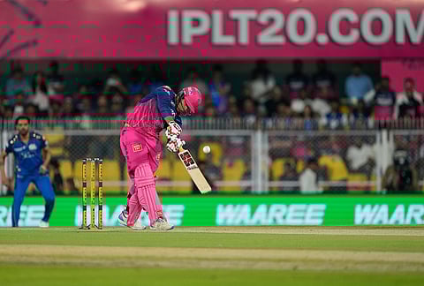 Rajasthan Royals' Vaibhav Sooryavanshi hits a six during the Indian Premier League cricket match between Mumbai Indians and Rajasthan Royals in Guwahati.