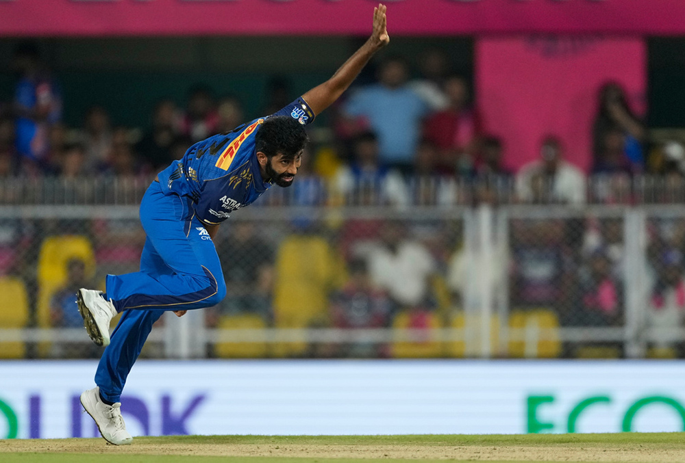 Mumbai Indians' Jasprit Bumrah bowls a delivery during the Indian Premier League cricket match between Mumbai Indians and Rajasthan Royals in Guwahati.