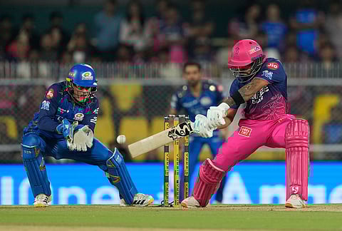 Rajasthan Royals' Dhruv Jurel plays a shot during the Indian Premier League cricket match between Mumbai Indians and Rajasthan Royals in Guwahati.